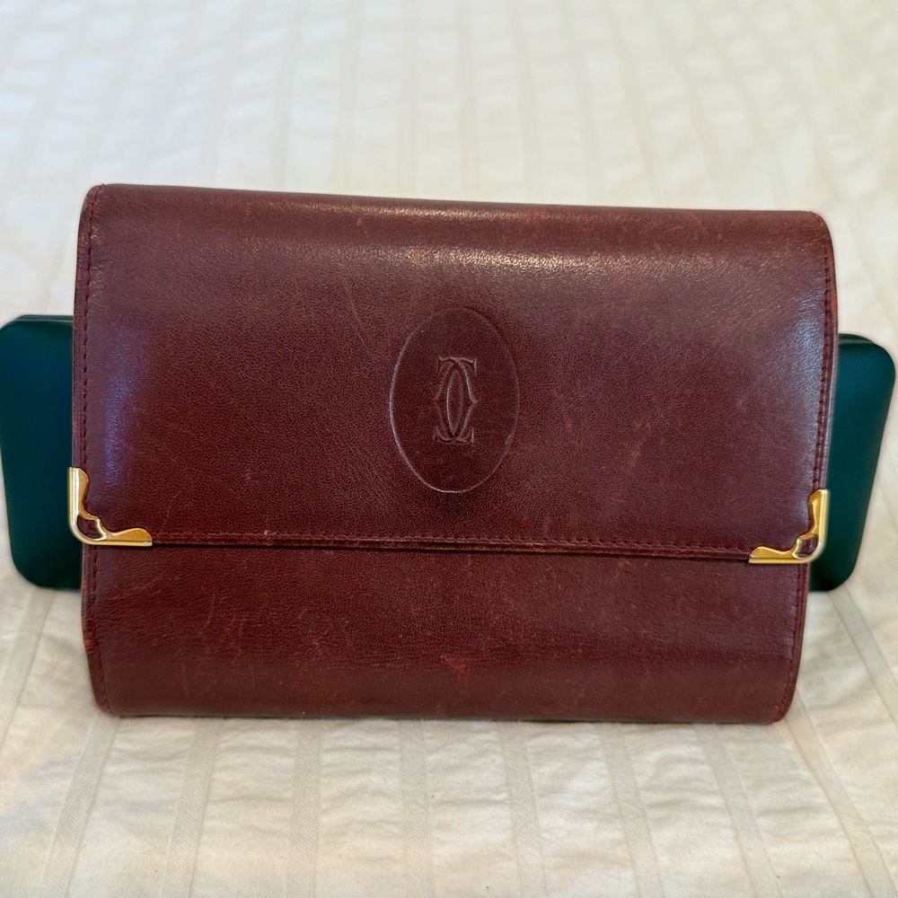 Cartier Maroon Leather Pouch with Gold Details